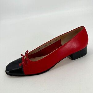 Salvatore Ferragamo Red Leather Cap Toe Bow Block Heel Vintage 6.5 Heel Shoes
